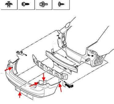 схема крепления заднего бампера KIA Optima II / Magentis II MG (2005-2010)