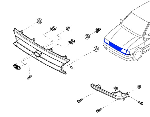 scheme of fastening of the radiator grille KIA Pride (1987-2000)