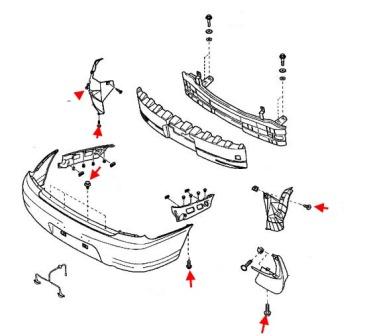 the scheme of fastening of the rear bumper KIA Rio I (2000-2005)