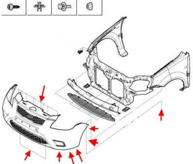 the scheme of fastening of the front bumper KIA Rio II (2005-2011)