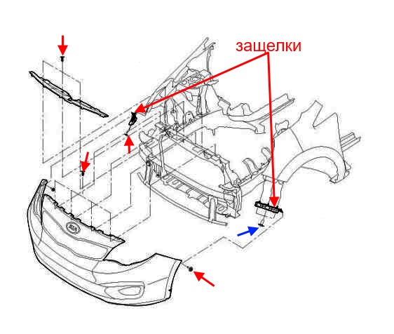 схема крепления переднего бампера KIA Rio III (2011-2017)