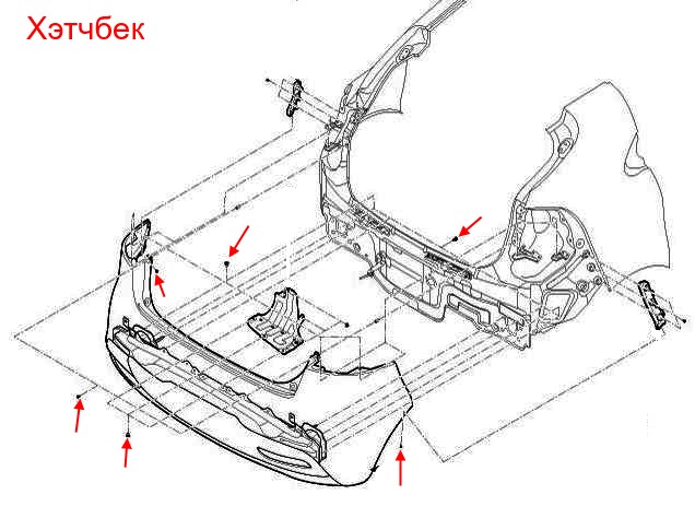 схема крепления заднего бампера KIA Rio III (2011-2017) хэтчбек