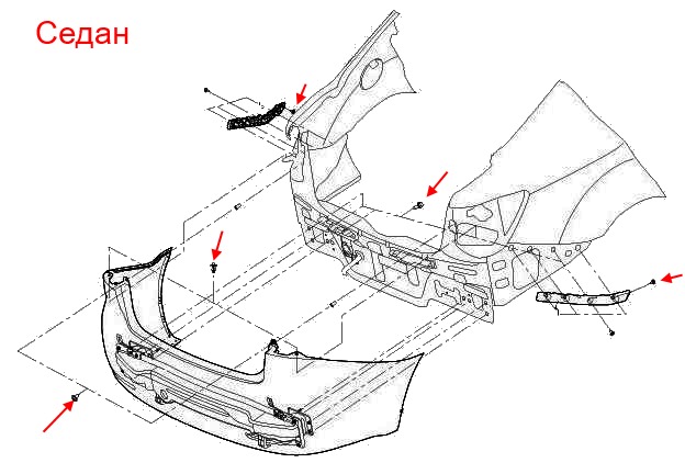 схема крепления заднего бампера KIA Rio III (2011-2017) седан