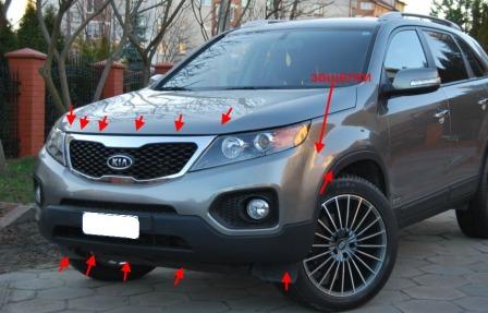 места крепления переднего бампера Kia Sorento II XM (2009-2014)