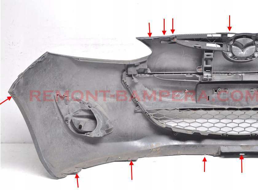 места крепления переднего бампера Mazda 2 / Demio (2007–2014) 
