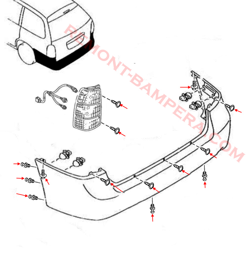 Schéma de montage du pare-chocs arrière du Mazda MPV II (1999-2006)