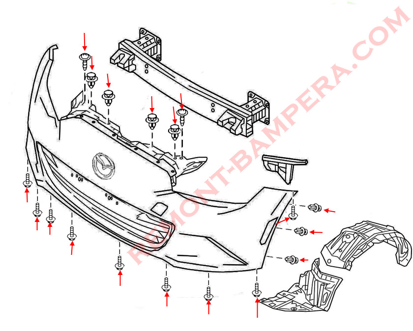 Schéma de montage du pare-chocs avant de la Mazda MX-5 ND (2015-2025)
