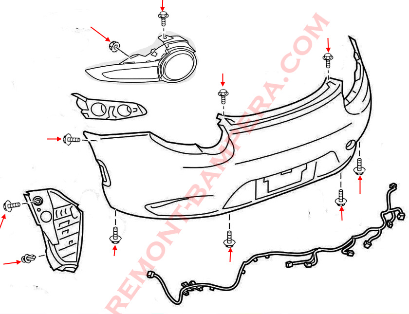 Schéma de montage du pare-chocs arrière de la Mazda MX-5 ND (2015-2025)