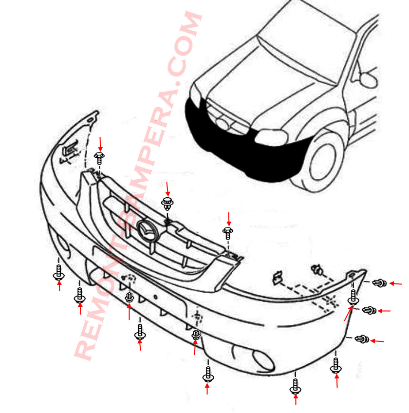 Mazda Tribute I-II Front Bumper Mounting Diagram