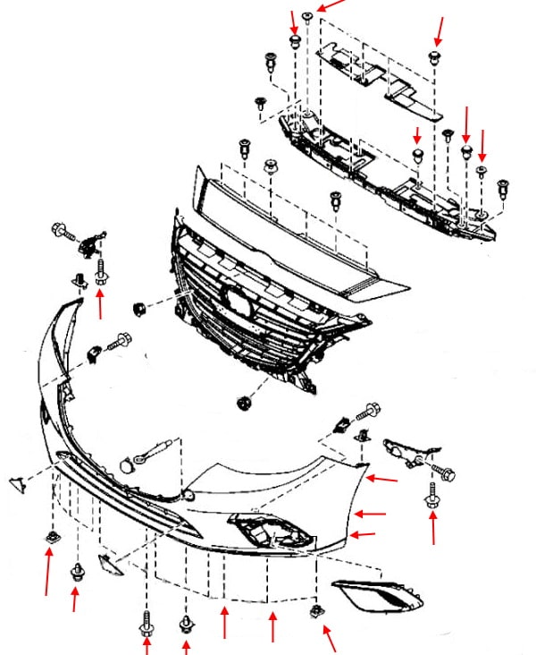 Esquema de montaje del parachoques delantero Mazda 3 III (BM) (2014-2018)