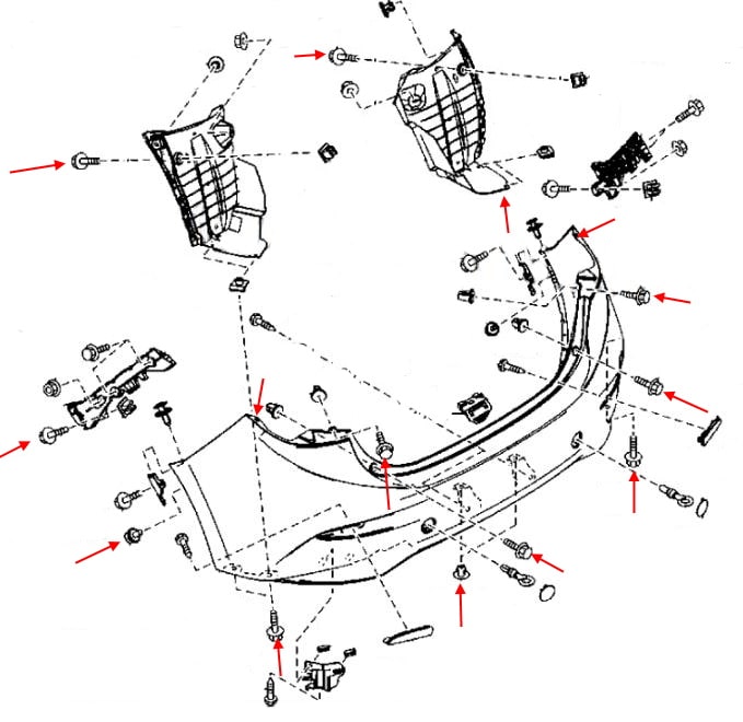 Esquema de montaje del parachoques trasero Mazda 3 III (BM) (2014-2018)