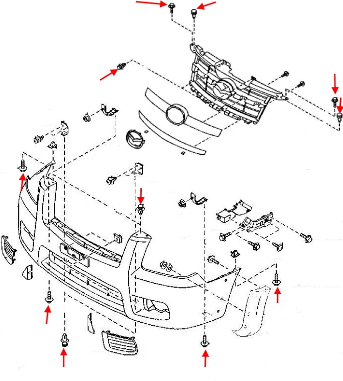 Схема крепления переднего бампера Mazda BT-50 I (J97M) (2006-2011)