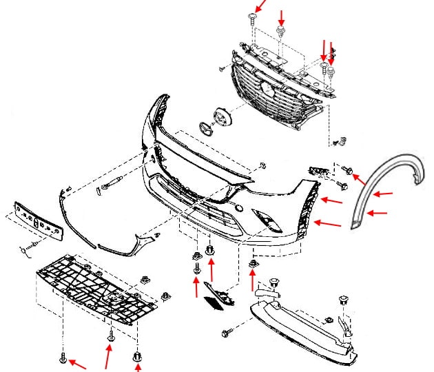 Схема крепления переднего бампера Mazda CX-3 DK5 (2014+)