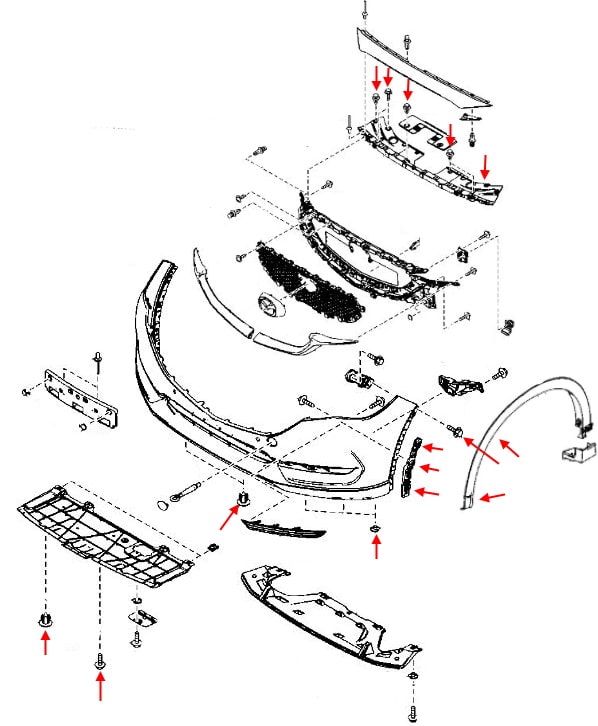 Esquema de montaje del parachoques delantero Mazda CX-5 II KF (2017+)