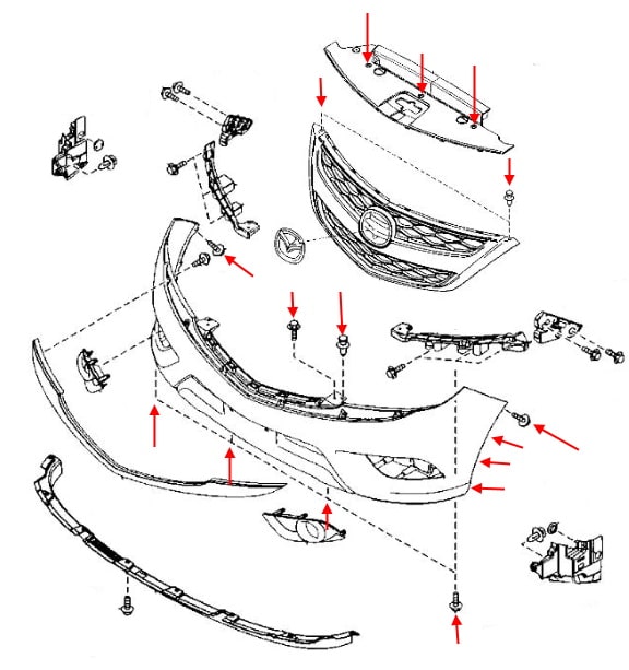 Esquema de montaje del parachoques delantero Mazda BT-50 II (UP, UR) (2011-2020)