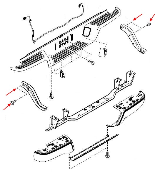 Esquema de montaje del parachoques trasero Mazda BT-50 II (UP, UR) (2011-2020)