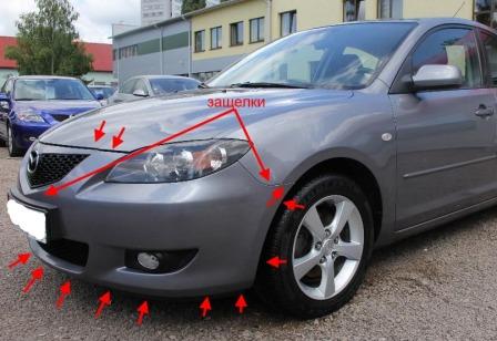 места крепления переднего бампера Mazda 3 I BK (2003-2009)