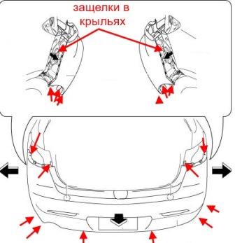 esquema de montaje del parachoques trasero MAZDA 3 (2009-2013)