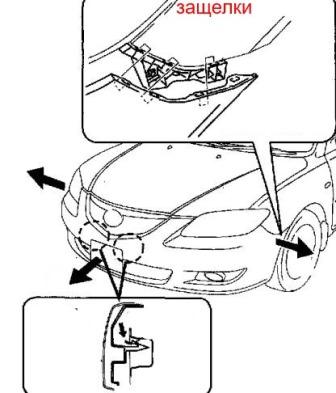 схема крепления переднего бампера Mazda 3 I BK (2003-2009)