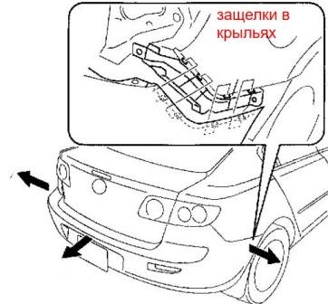 схема крепления заднего бампера Mazda 3 I BK (2003-2009)