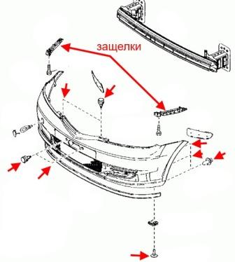 схема крепления переднего бампера MAZDA 2 (2003-2007)