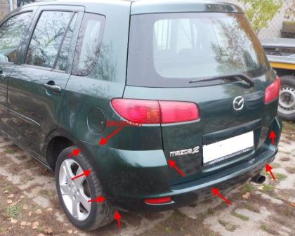 места крепления заднего бампера MAZDA 2 (2003-2007)