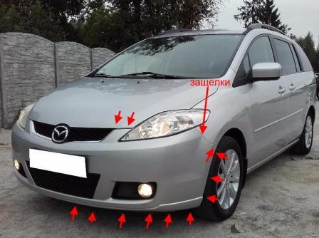 места крепления переднего бампера MAZDA 5 (2005-2010)