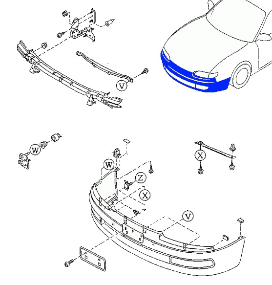 схема крепления переднего бампера MAZDA 626 (1992-1997)