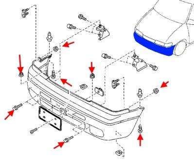 esquema de montaje del parachoques delantero MAZDA MPV (1989-1999)