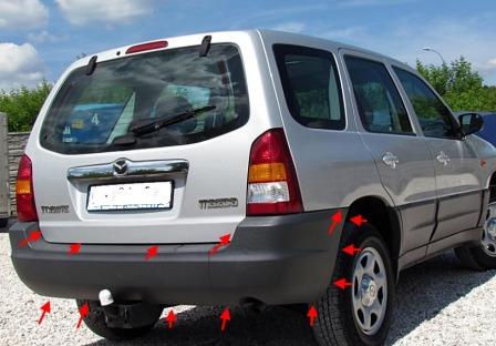 the attachment of the rear bumper MAZDA TRIBUTE