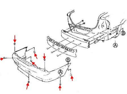 схема крепления заднего бампера Mazda Protege  BJ (1998-2003), Mazda Astina, Mazda Familia