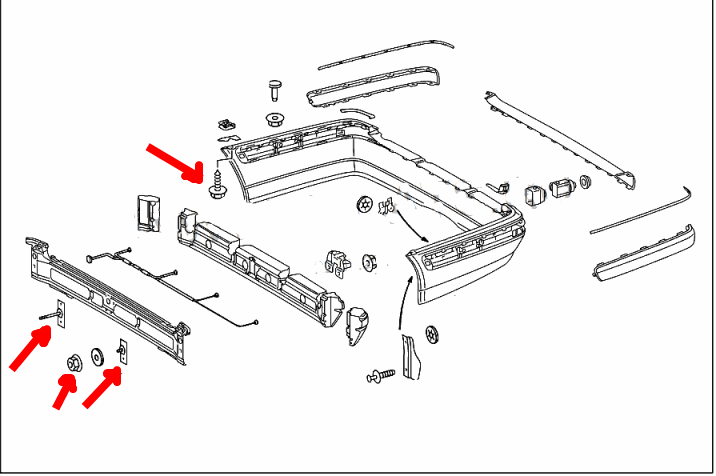 схема крепления заднего бампера Mercedes W210