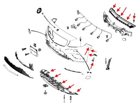 Schéma de montage du pare-chocs avant Mercedes Classe A W176