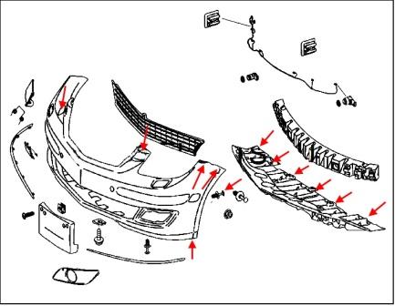 Schéma de fixation pare choc avant Mercedes Classe B W245