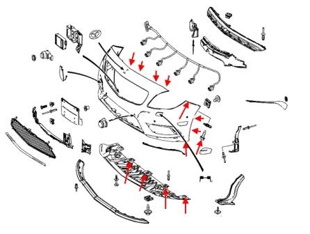 Schéma de montage du pare-chocs avant Mercedes Classe CLA C117