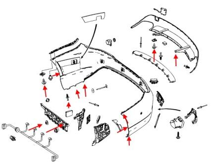 Schéma de montage du pare-chocs arrière Mercedes Classe CLA C117