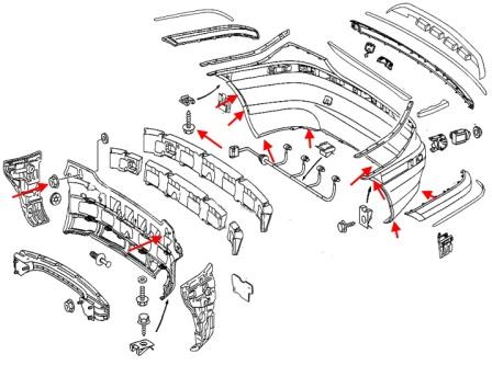 Schéma de montage du pare-chocs arrière Mercedes Classe CLC CL203