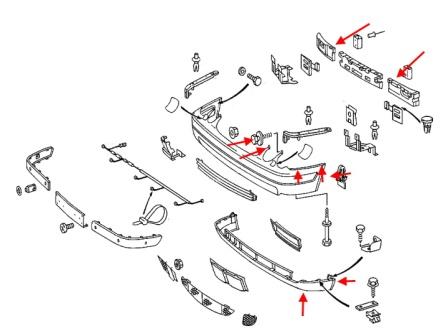 Schéma de montage du pare-chocs avant Mercedes Classe CLK C208