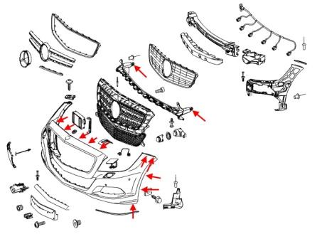 Schéma de montage du pare-chocs avant Mercedes Classe CLS C218