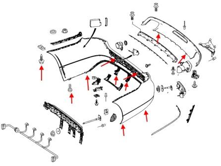 Schéma de montage du pare-chocs arrière Mercedes Classe CLS C218