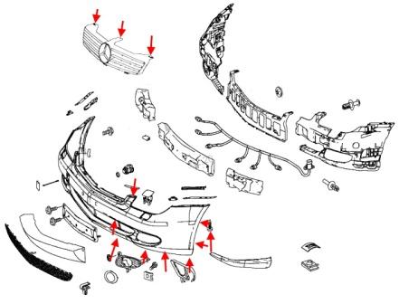 Schéma de montage du pare-chocs avant Mercedes Classe CLS C219