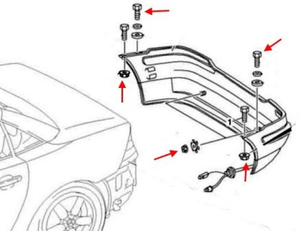 Schéma de montage du pare-chocs arrière Mercedes Classe SLK R170