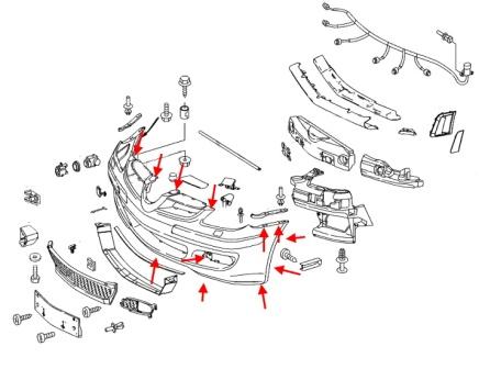 The scheme of fastening of the front bumper Mercedes SLK-Class R171