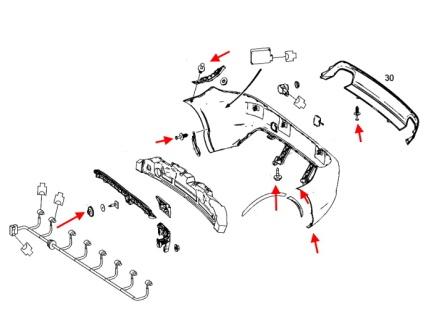 Schéma de montage du pare-chocs arrière Mercedes Classe SLK R172