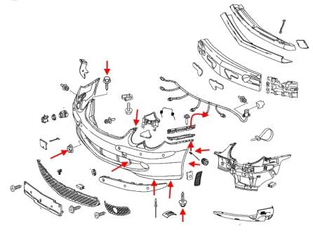 Schéma de montage du pare-chocs avant Mercedes Classe SL R230