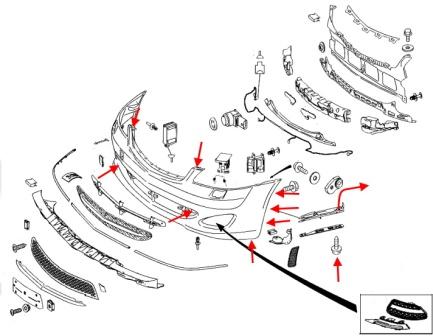 Schéma de montage du pare-chocs avant Mercedes Classe S W221