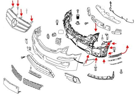 Schéma de montage du pare-chocs avant Mercedes Classe R W251