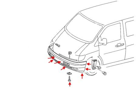 Schéma de montage du pare-chocs avant Mercedes Classe V W638 Vito