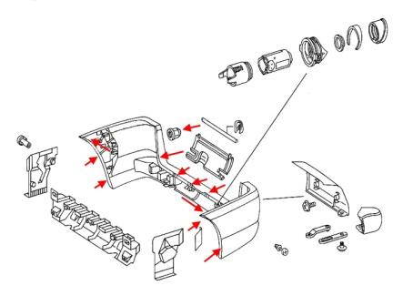 Schéma de montage du pare-chocs arrière Mercedes Classe V W638 Vito