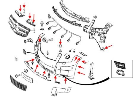 Schéma de montage du pare-chocs avant Mercedes Classe GLK X204